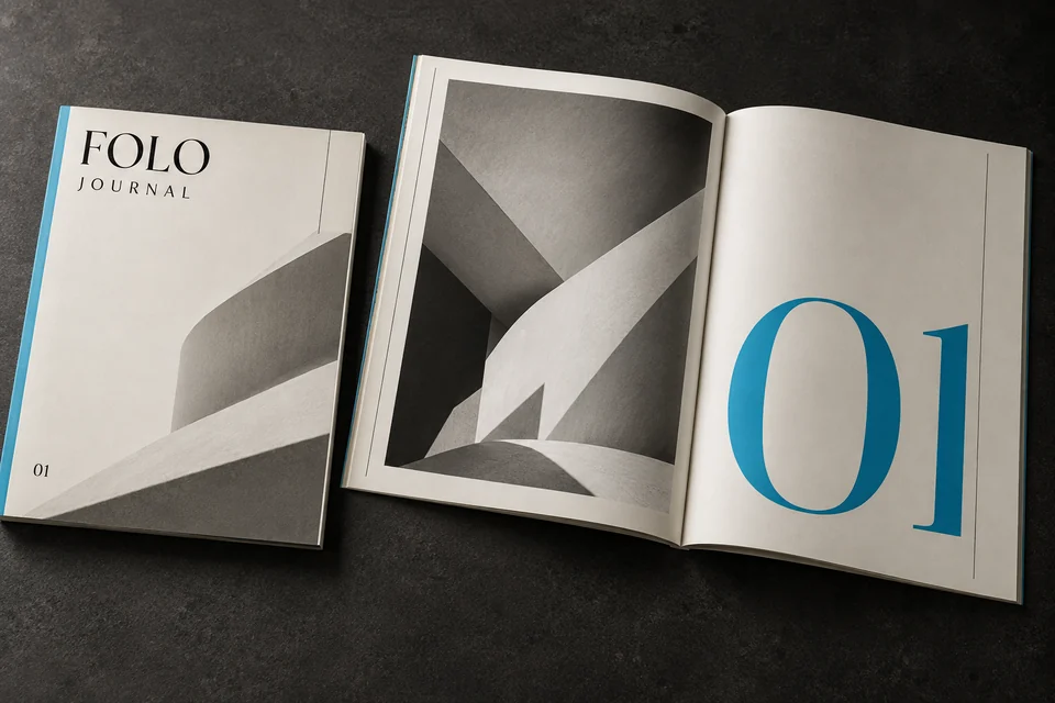 Concept Folo Journal : couverture et double page éditoriale ouverte.