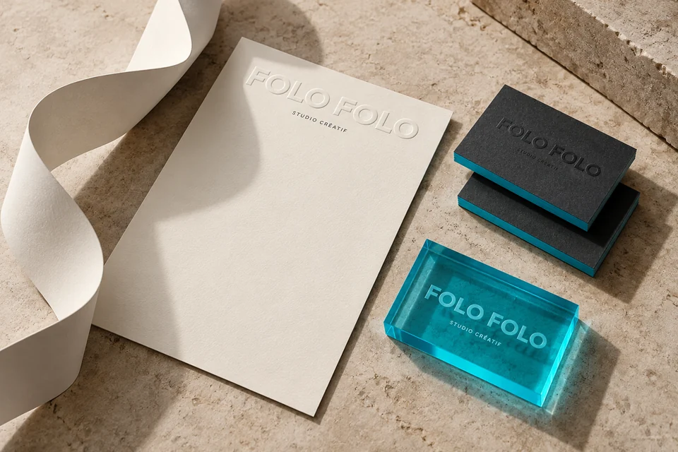 Concept de papeterie Folo Folo : papier ivoire, cartes noires et plaque cyan.