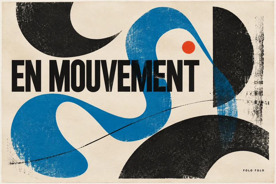 Affiche En mouvement, formes abstraites noires, bleues et accent orange.
