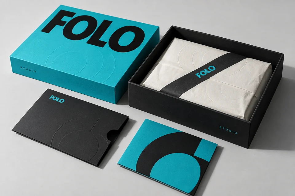 Concept de coffret Folo Studio cyan et noir avec imprimés coordonnés.