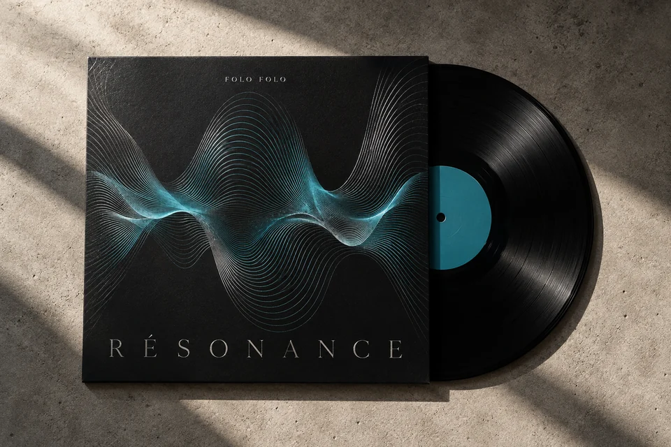 Pochette musicale conceptuelle Résonance et disque vinyle noir.