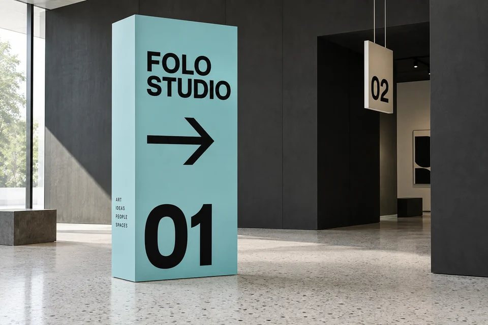 Concept de signalétique Folo Studio dans un espace architectural virtuel.
