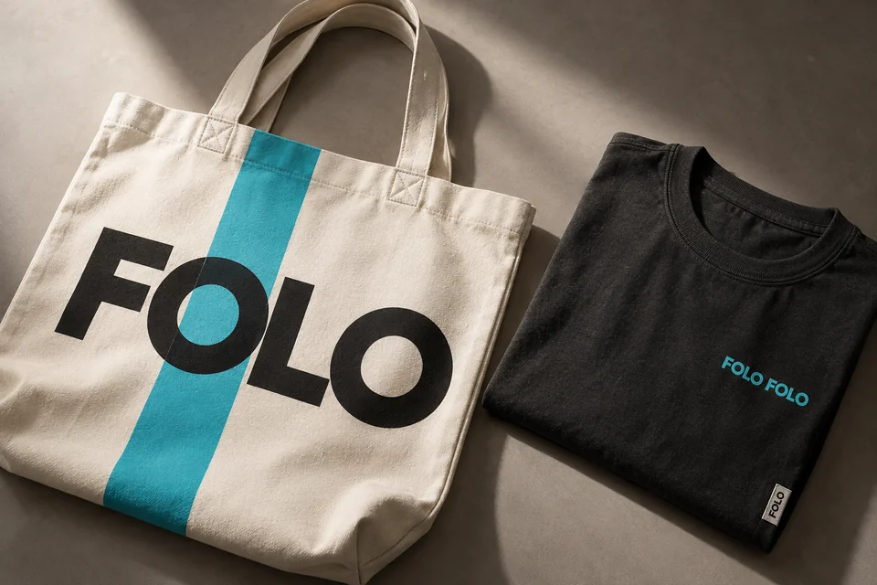 Concept de tote bag et de tee-shirt Folo Folo en noir, ivoire et cyan.