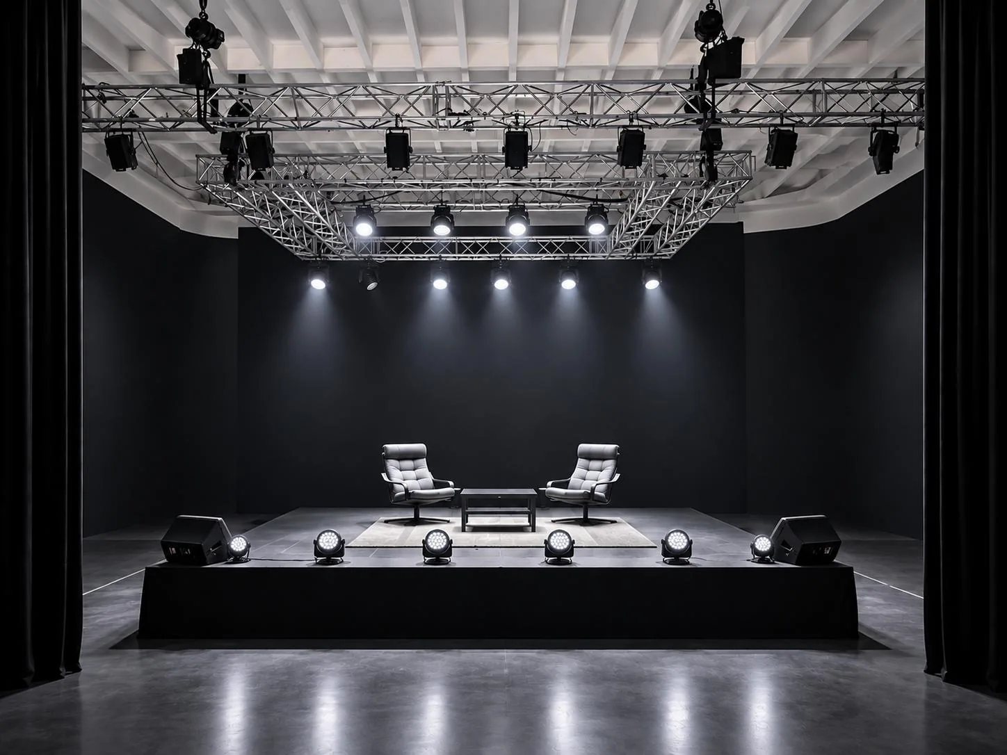Plateau du studio : fond noir, fauteuils et structure équipée de projecteurs.