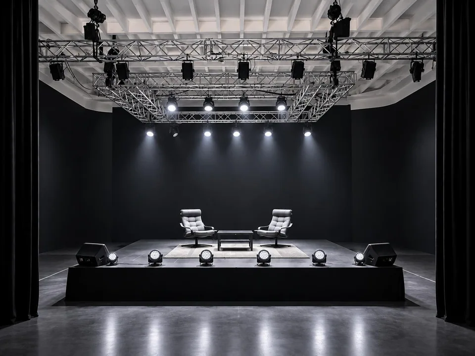 Plateau du studio avec fond noir, deux fauteuils et une table, sous une structure équipée de projecteurs.